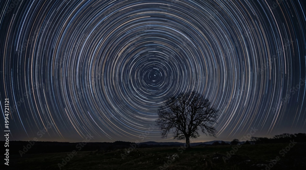 Naklejka premium Circular star trails spinning over lone tree at night.