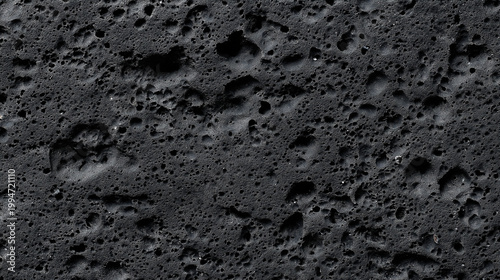 Seamless Volcanic Black Basalt Rock Surface Texture Background with Crystalline Mineral Grain and Vesicular Cavities in Dark Charcoal Tones, Geology Nature Stock Image