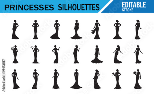 Black princess silhouettes set isolated on white for design and branding