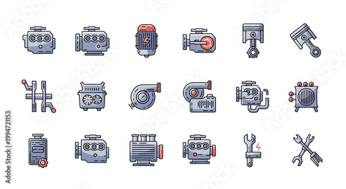 A collection of pixel art icons representing various engine components and related mechanical parts.