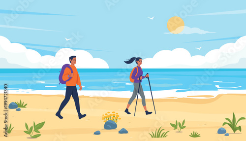 Happy young couple walking on the sandy beach during summer vacation. Active man and woman with backpacks hiking near the ocean. Flat vector illustration of outdoor activity and healthy lifestyle.