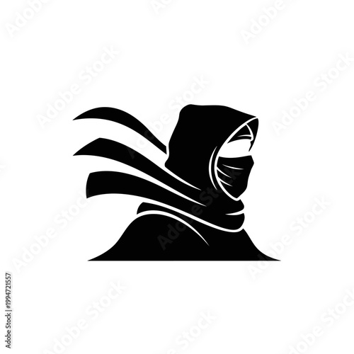 Black silhouette of a hooded figure.
