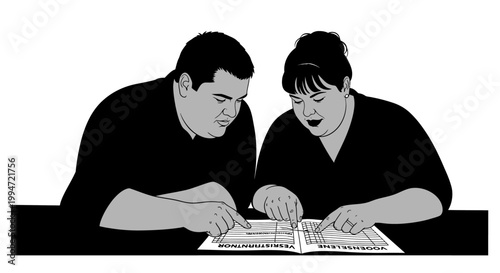 Two People Focused on Reading and Pointing at Paper Document.