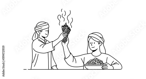 Two People Holding Incense and a Bowl of Food in Celebration.