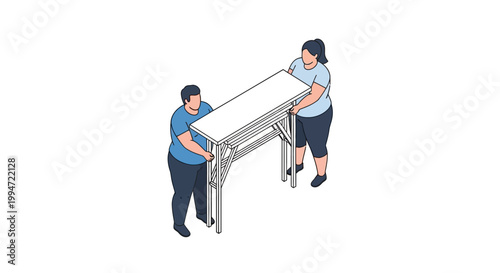 Two People Lifting a White Folding Table Together.