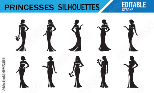 Princess silhouette vector collection with elegant female fairy tale poses