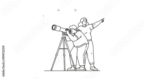 Two People Observing the Night Sky with a Telescope Illustration.