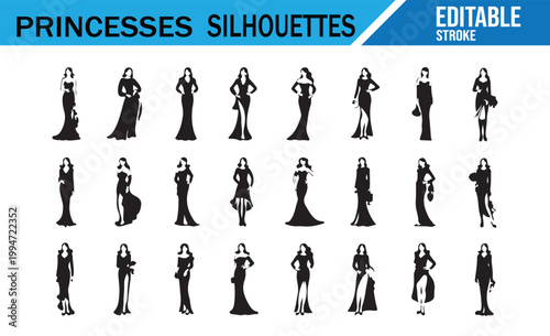 Princess silhouettes vector set with elegant female fairy tale character poses isolated on white background