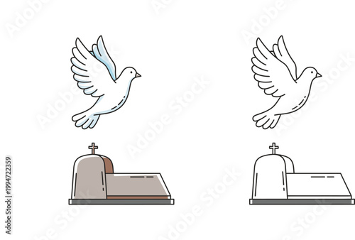 Flying Dove Bird and Christian Church Chapel Icon Set: Symbol of Peace, Holy Spirit, and Faith. Outline and Colored Vector Illustration for Funeral, Mourning, or Religious Memorial Design.
