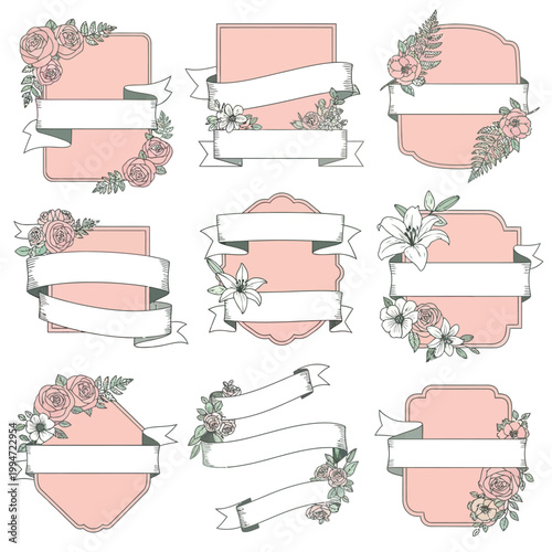 Floral Ribbon Banner Vector Set Vintage Label Design