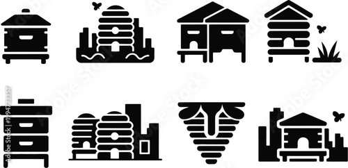 Illustrative collection of black and white hive structures and beekeeping equipment with urban background elements depicting honey production, vector illustration featuring beehives, frames, smokers, 