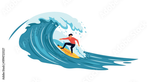 Man surfing on a large ocean wave riding yellow surfboard actively