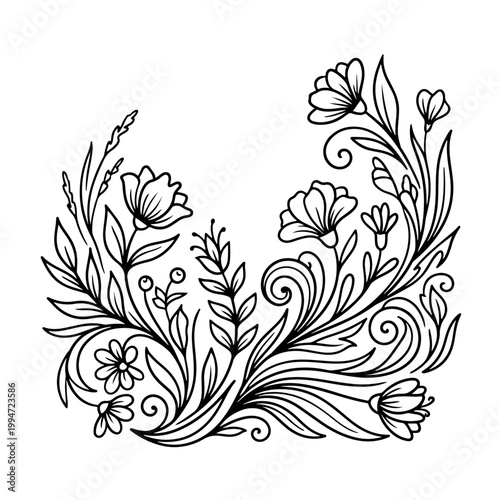 Floral Pattern with Leaves and Flowers.