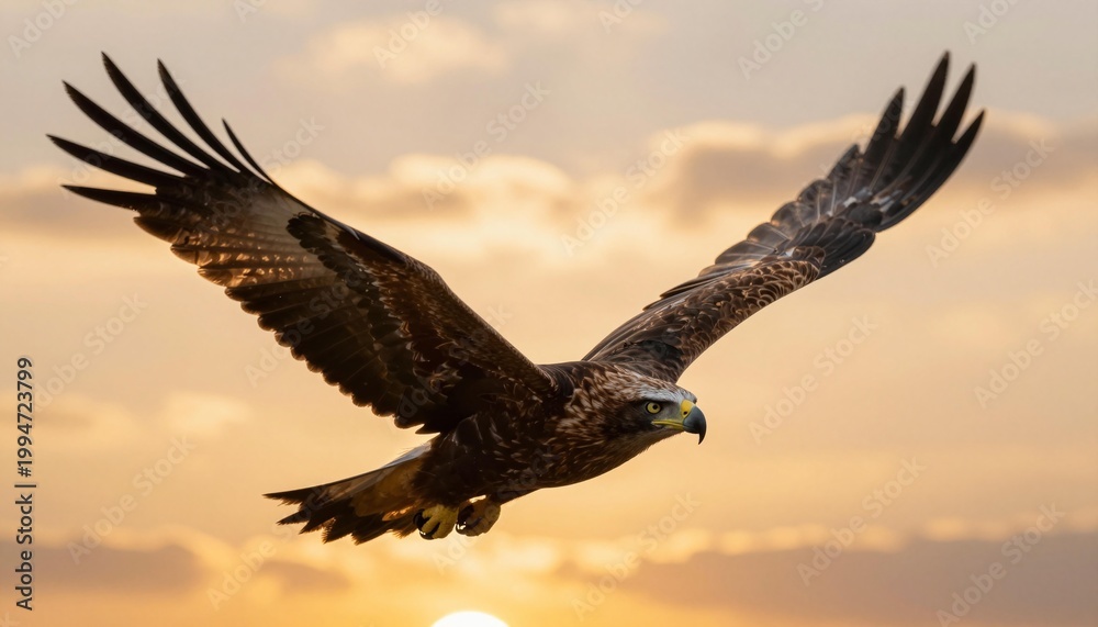 Fototapeta premium Majestic eagle soaring with wings outstretched against a glowing sunset sky