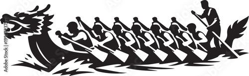 silhouette of dragon boat racers paddling furiously river race,