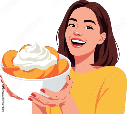 Woman happily holds a bowl of peaches with whipped cream on top.