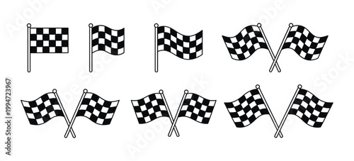 Racing checkered flag vector set in various poses, ideal for motorsport branding, racing badges, posters and high speed design concepts.