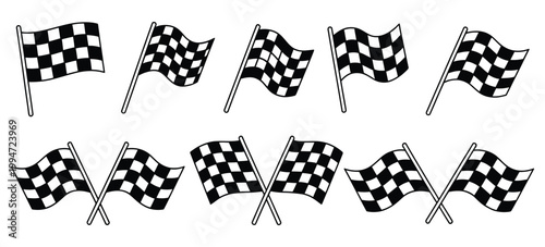 Racing checkered flag vector set in various poses, ideal for motorsport branding, racing badges, posters and high speed design concepts.