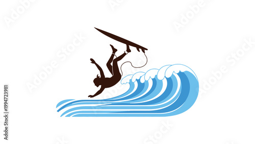 Surfer falls off board on large ocean wave during trick attempt.