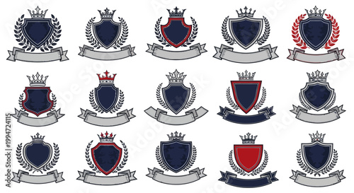 Collection of royal crests and shields.