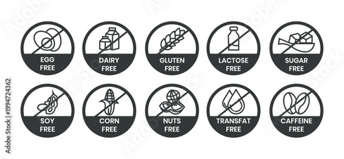 Set allergen free icons. Allergen free label products. Free lactose, gluten, sugar, corn, egg, trans fat, dairy, soy, nuts, caffeine, symbol, logo, badge, black, vector, isolated on white background.