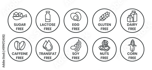 Set allergen free icons. Allergen free label products. Free lactose, gluten, sugar, corn, egg, trans fat, dairy, soy, nuts, caffeine, symbol, logo, badge, black, vector, isolated on white background.