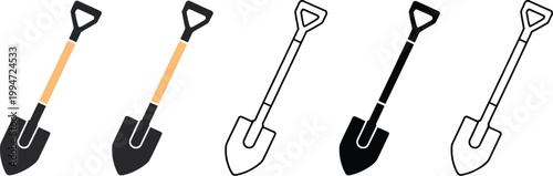 Set of shovel vector icons, spade for digging, farming tool and garden instrument, clean vector illustration collection representing agriculture, gardening, and outdoor work equipment, ideal for apps,