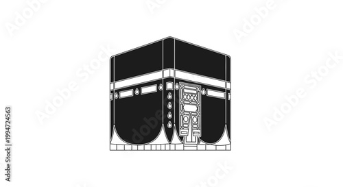 Kaaba icon, Islamic symbol, Mecca pilgrimage, black and white illustration, Muslim worship