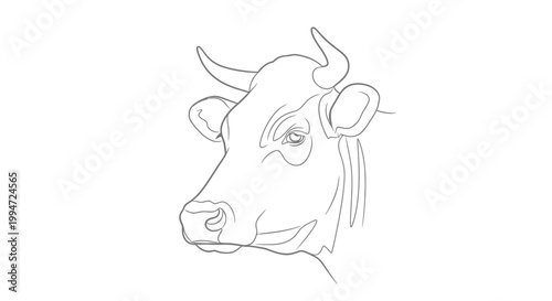 Minimalist Line Art of a Cow's Head with Horns - Elegant Farm Animal Sketch
