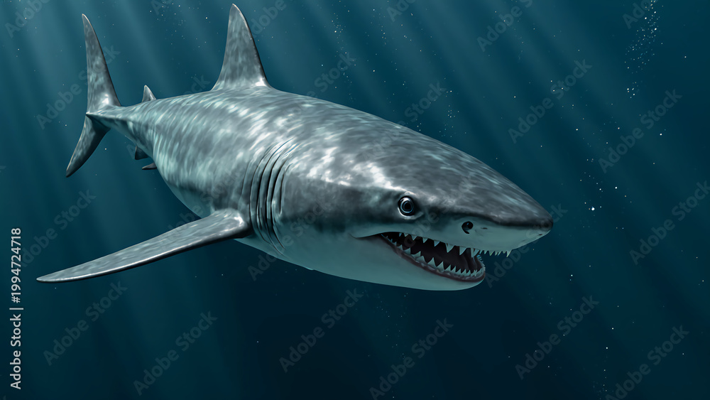 Obraz premium ​A digital illustration of a Great White Shark swimming in deep blue water, illuminated by beams of sunlight from above. The shark is depicted with its mouth slightly open, revealing rows of sharp te