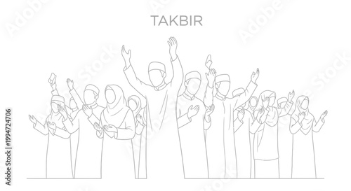 Muslims Praying Together, Raised Hands in Devotion, Islamic Worship, Takbir Celebration