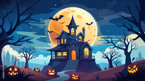 Halloween scene with a witch flying over a moonlit pumpkin patch