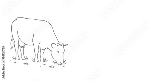 Minimalist Line Drawing of a Cow Grazing on Grass