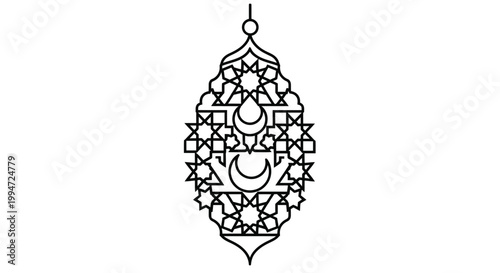 Islamic Lantern Ramadan Crescent Moon Star Geometric Pattern Outline Icon