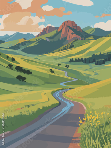 Rolling Hills and Winding Road in Mountainous Landscape