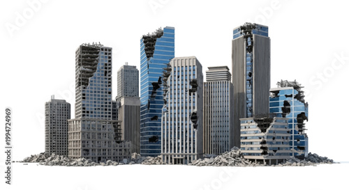 Vector illustration of destroyed city skyscrapers with damaged buildings on a transparent background
