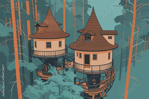 Two Storybook Treehouses in Dense Forest