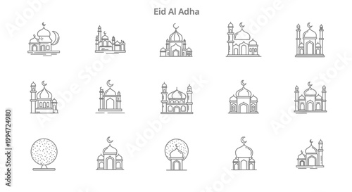 Eid Al Adha Mosque Icons: Islamic Architecture Collection in Minimalist Line Art