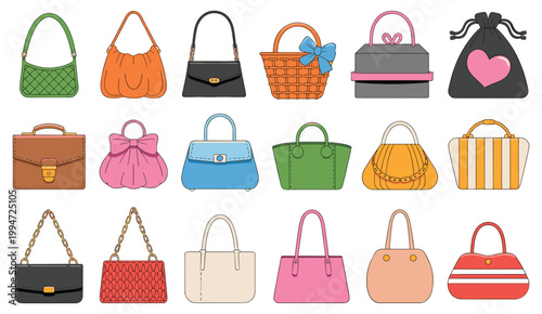 Stylish Selection of Handbags: A colorful assortment of fashionable accessories. female fashion, trend accessories, wardrobe essentials, everyday carry, shopping spree.