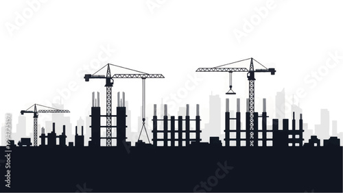 Construction Site Silhouette Vector with Cranes and Unfinished Buildings. Urban Development and Real Estate Growth Background.