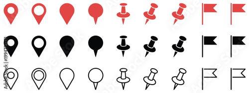 Location Icons Collection: A set of various map pointers, pins, and flags, each with a different design style and color. travel marker, route marker, directional symbol, pinpointing location.
