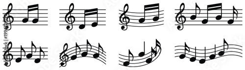 Musical Notation Array: Musical notation illustration set of melodic fragments with staff notes. music notation, staff lines, melodic composition, sound symbol, musical element.