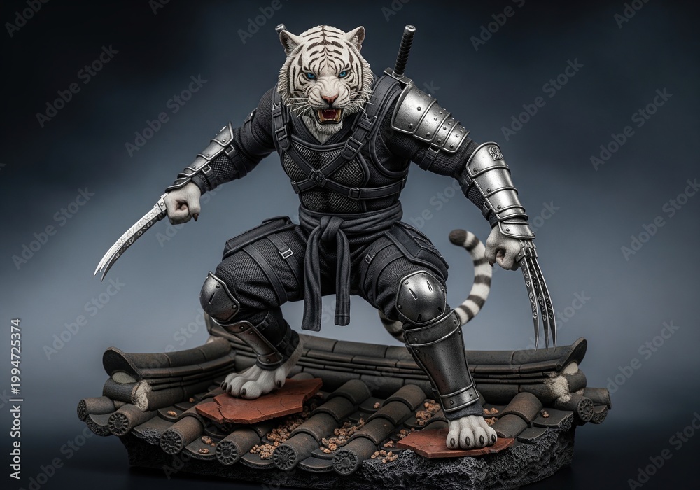 Fototapeta premium Anthropomorphic white tiger ninja warrior with metal claws crouching on traditional roof