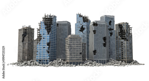 Vector illustration of destroyed city skyline with ruined skyscrapers on a transparent background
