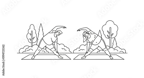 Two People Practicing Yoga Outdoors in a Peaceful Park Setting.