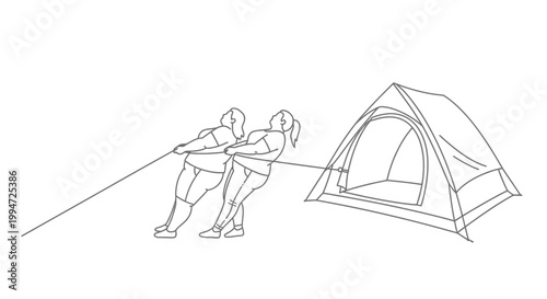 Two People Pulling a Tent with a Rope, Outdoor Camping Activity.