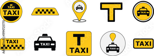 Set of taxi service vector signs, yellow-black taxi icon collection, clean flat illustration representing transportation, ride-hailing, and urban mobility, ideal for apps, maps, signage,