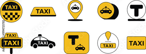 Set of taxi service vector signs, yellow-black taxi icon collection, clean flat illustration representing transportation, ride-hailing, and urban mobility, ideal for apps, maps, signage,