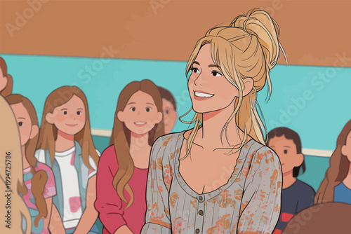 Smiling Woman in Classroom Setting with Students