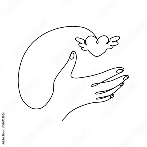 Continuous one line hand heart care health love art support volunteer. Hand heart draw life human charity icon hope donation linear family vector medicine cardiogram gift stroke emotion simple drawing